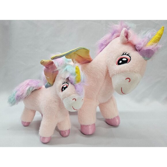 Pink Whimsical Unicorn Plush Mom & Baby with Rainbow Sparkle Wings - Picture 2 of 8